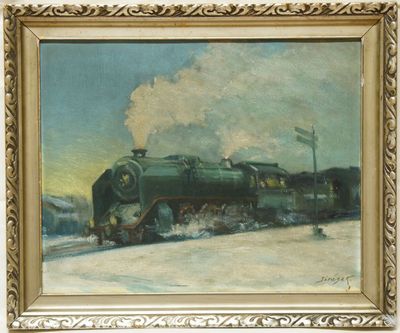Parní lokomotiva v zimní krajině, JIRÁSEK olejomalba