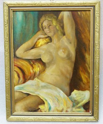 Sedící nahá dívka s drapérií - olejomalba, monogramista J S