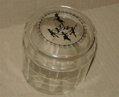 ART DECO SKLENĚNÁ DÓZA, malba švcarclotem