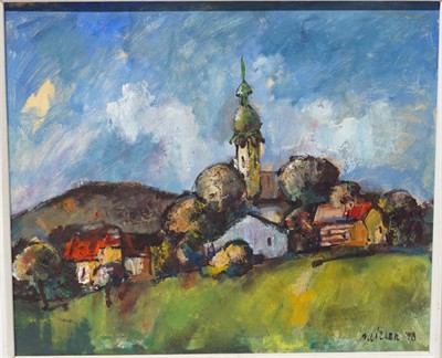 Víska s kostelíkem, olej na desce - Jiří LÍZLER 1978