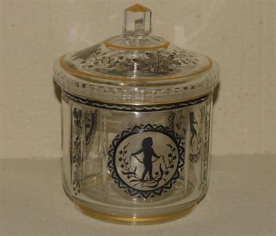 ART DECO SKLENĚNÁ DÓZA, malba švcarclotem