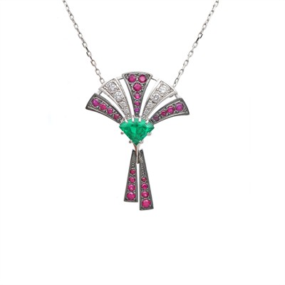 Zlatý náhrdelník s přírodními smaragdy, rubíny, brilianty