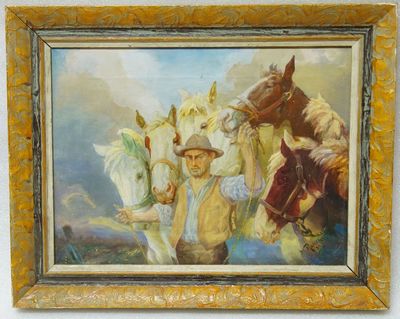 Muž vedoucí šest koní, sign. H. RASZYK 1932 olej na plátně