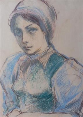 Dívka, pastel, akademický malíř Lumír Šindelář, *1925
