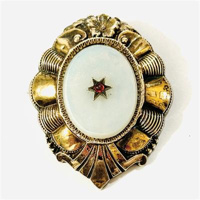 Stříbrná biedermeirová brož s opálovým sklem a rubínem