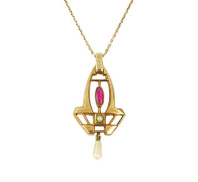 Stříbrný náhrdelník s rubínem a perličkami