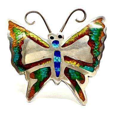 Stříbrná brož zdobená smalty - motýl