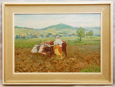 Dívka v kroji s párem volků, olej, signováno K