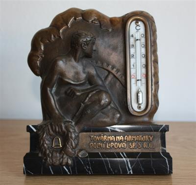 Firemní těžítko s teploměrem, bronz + mramor