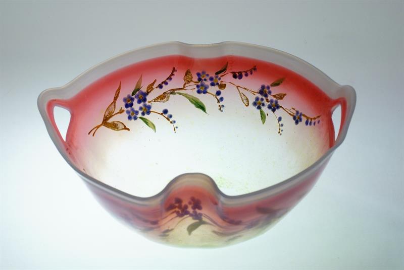 Secesní miska opálové hutně tvarované sklo, vnitřní malba