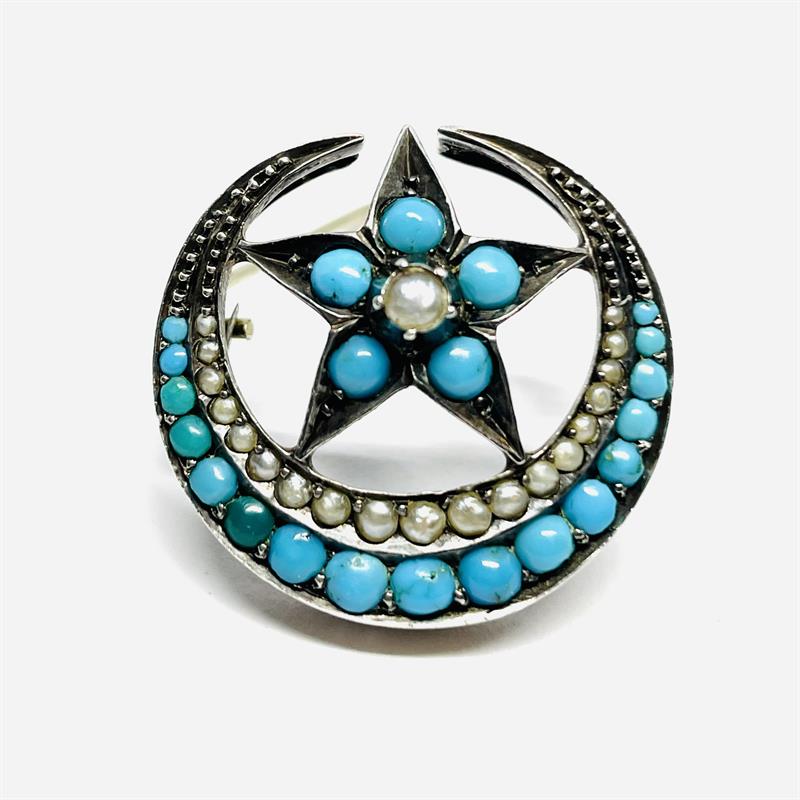 Stříbrná brož s tyrkysy a říčními perlami