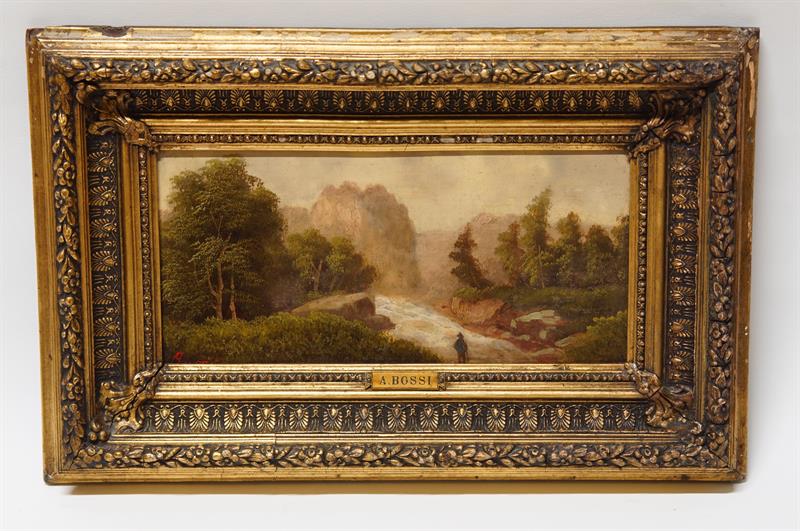 Romantická krajinka s figurální stafáží 19. stol.  A. BOSSI