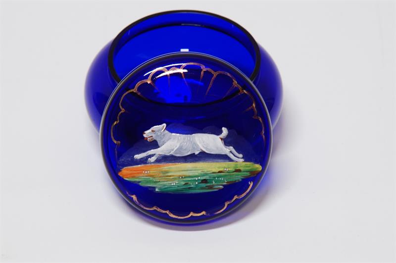 Stará malovaná dóza - kobaltově modré sklo s teriérem