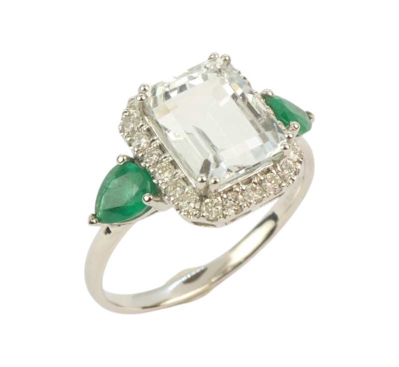 Zlatý prsten s akvamarínem, smaragdy a brilianty