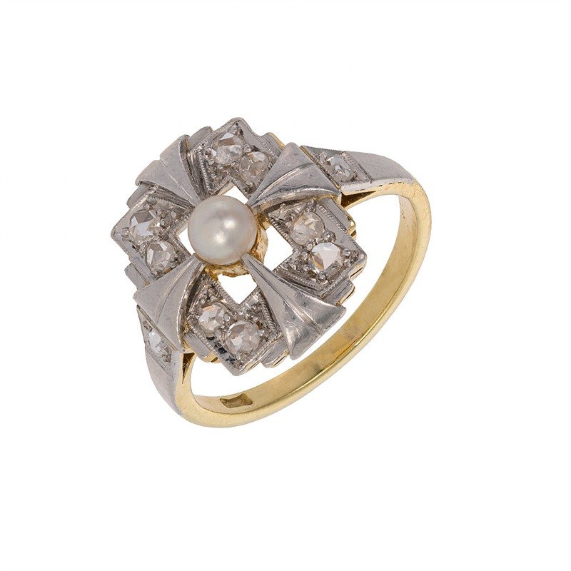 Zlatý prsten Art Deco s přírodními routy a perlou