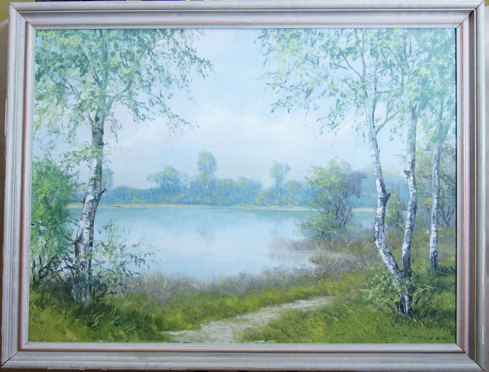 Cesta na břehu rybníka - H. WALTER, olej na plátně