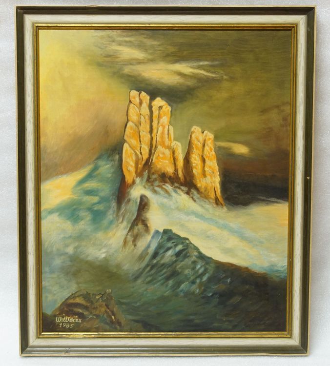 Surrealistický mořský příboj s útesem -  Walter WEISS 1985, olej na desce