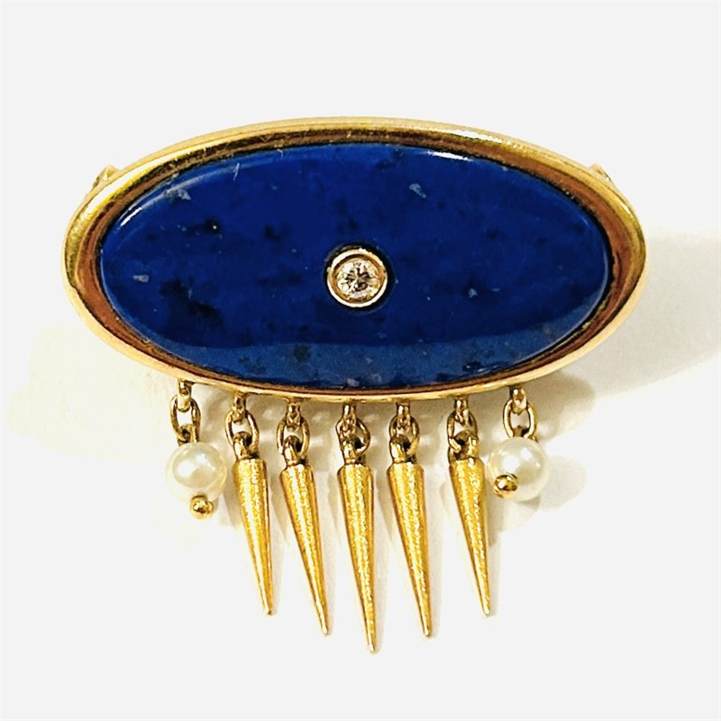 Zlatý designový přívěšek s diamantem, lapis lazuli, perlami