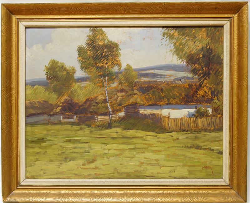 Chalupy s doškovou střechou - Jaroslav HOLEČEK olejomalba