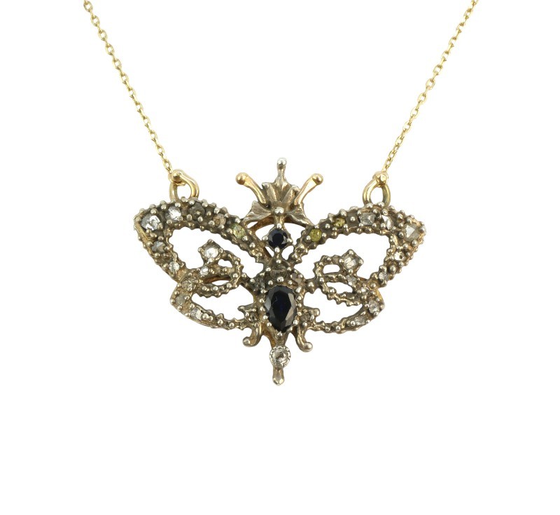 Zlatý náhrdelník se safíry a routami - motýl