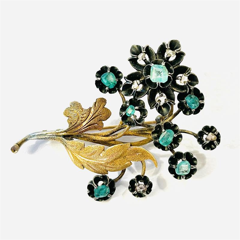 Starožitná zlatá brož "květina" s diamanty a smaragdy