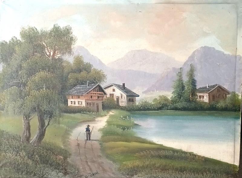 Romantická krajina s poutníkem. Sign.Bossi.