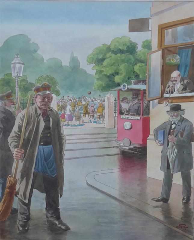 Městská ulice, s tramvají a metařem - monogram E. R.