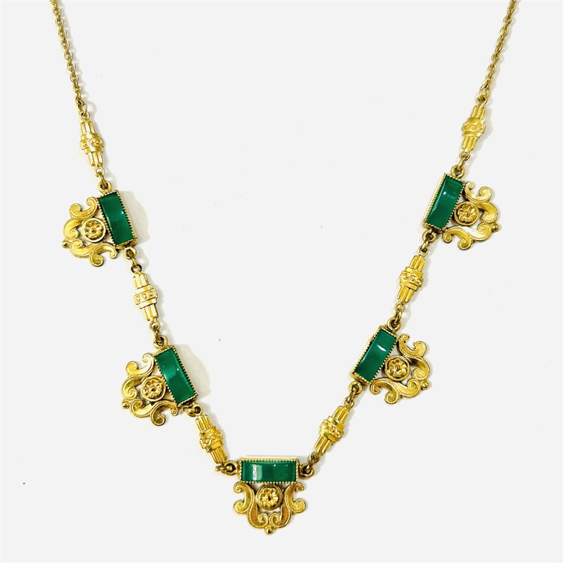 Zlacený starožitný náhrdelník s chryzoprasy