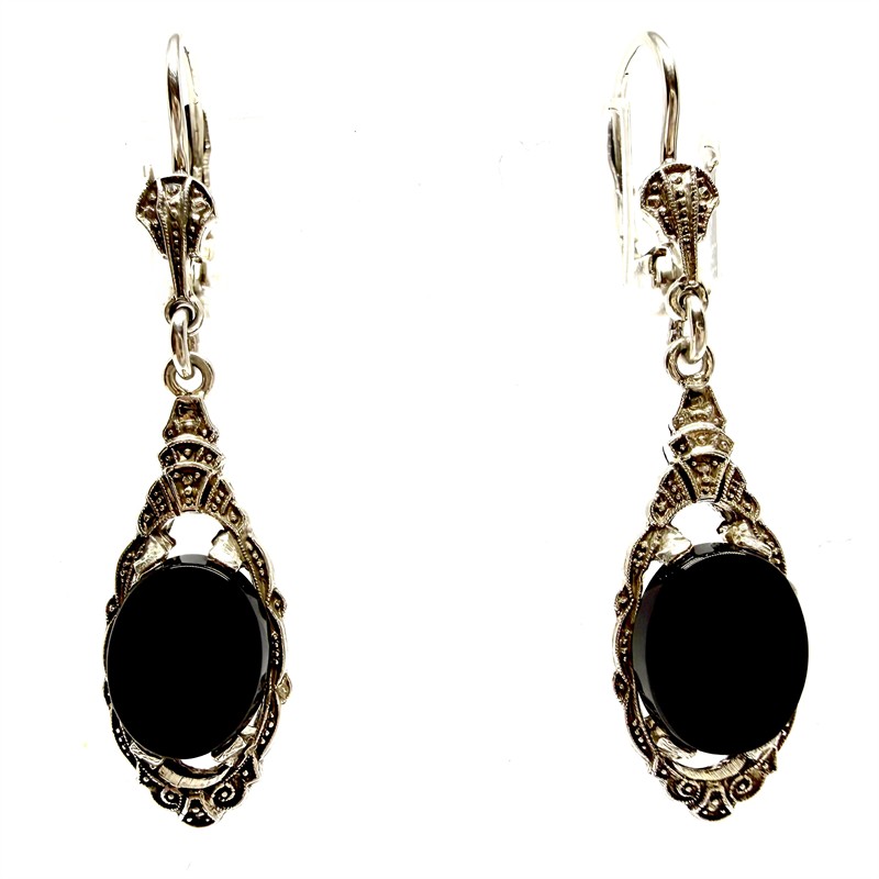 Závěsné  Art deco stříbrné náušnice s onyxem