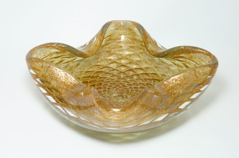 Zlatá hutně tvatovaná mísa - sklo Murano, Ercole BAROVIER