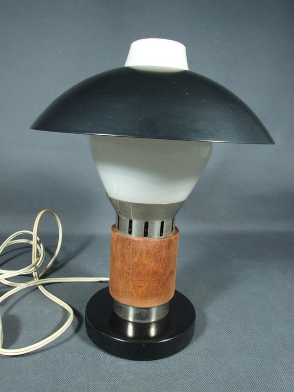 Lampa s cylindrem, 70léta, v30cm, kov+dřevo+sklo