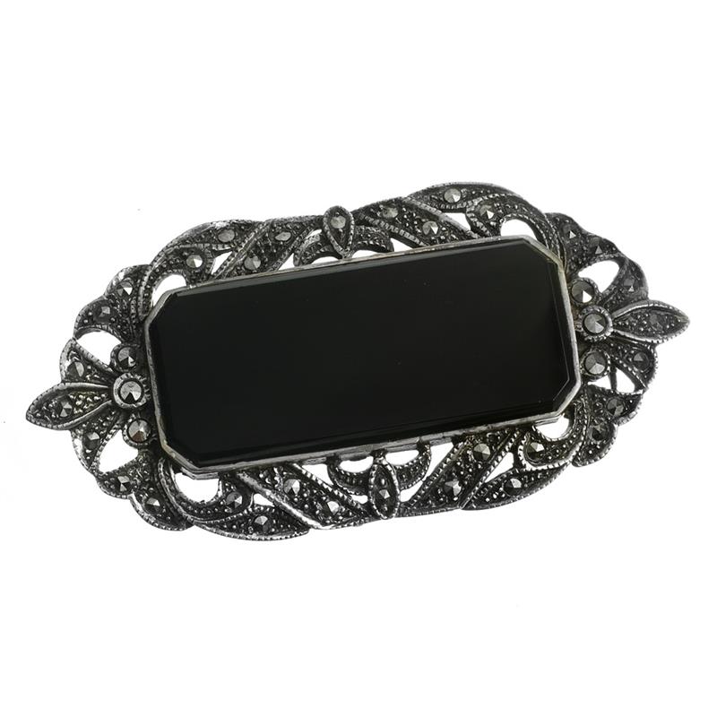 Stříbrná brož s onyxem a markazity