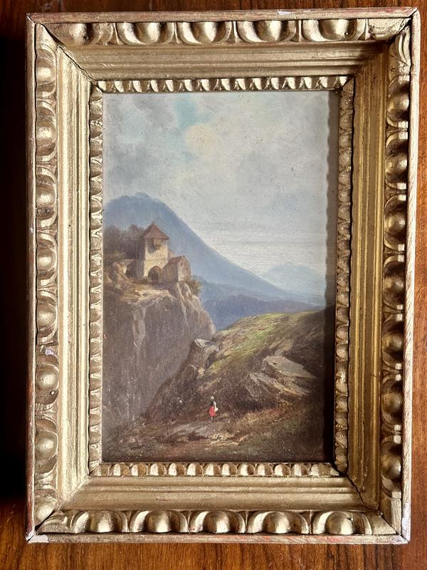 romantická krajina , hrad, 19 stol. olej na kartonu