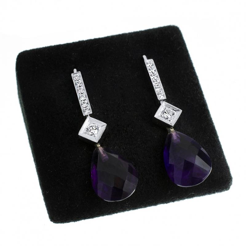 Zlaté náušnice s brilianty a ametysty