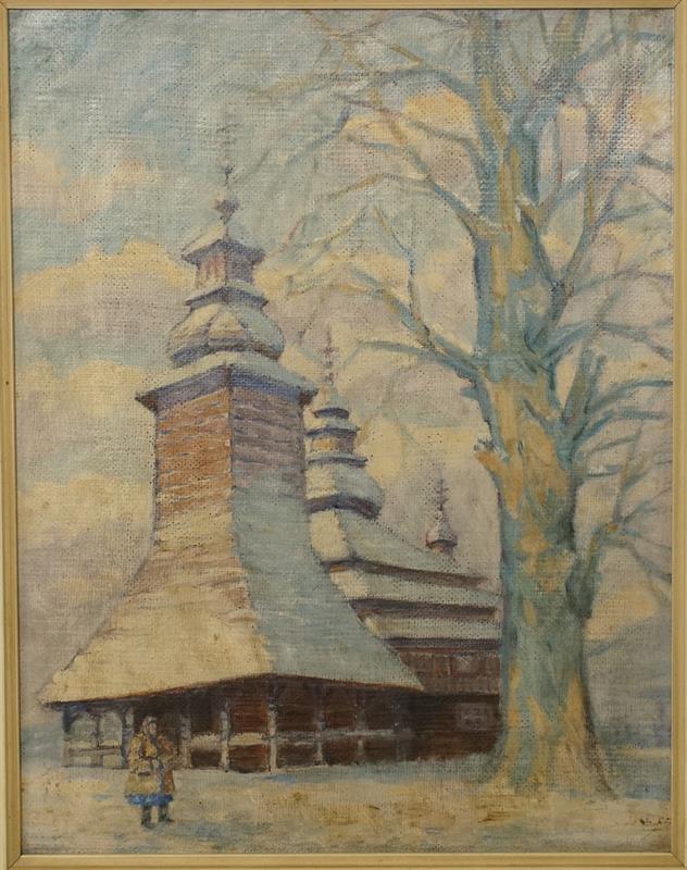 Zimní motiv - Kostel sv. Mikuláše Hradec Králové olejomalba