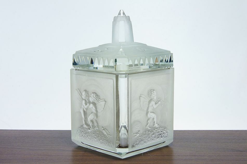 Jedinečná dóza s Putti - broušené a matované sklo, styl ART - DECO