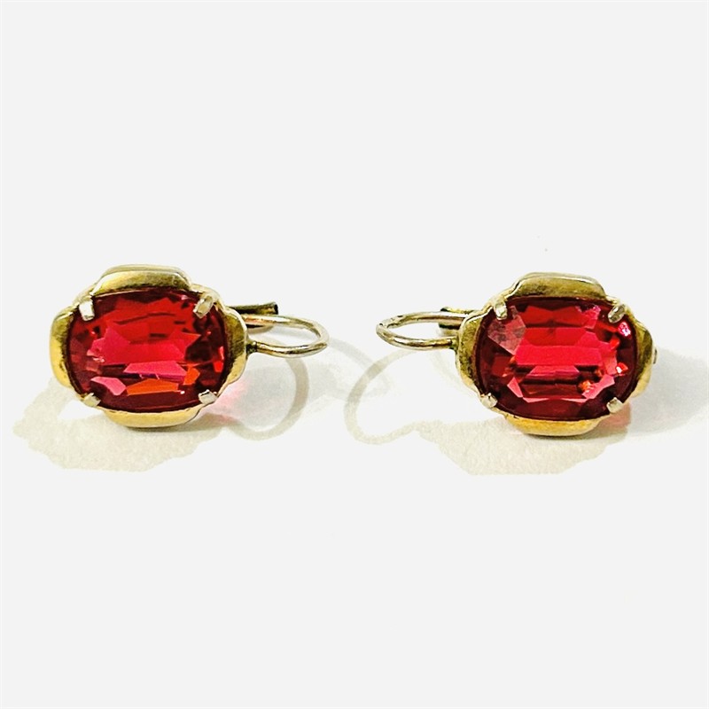 Stříbrné zlacené art-deco náušnice s červenými kameny