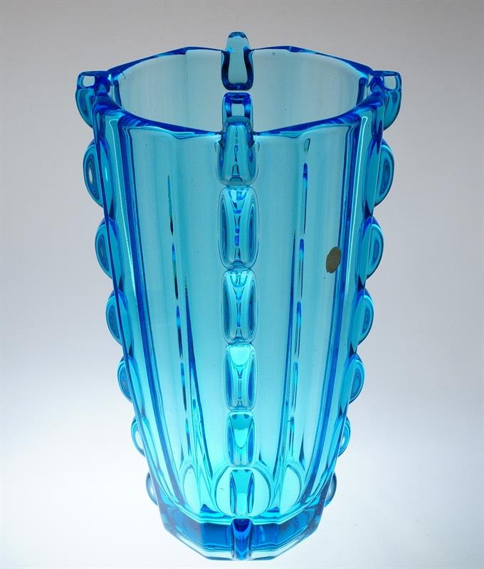 Akvamarínové sklo váza styl ART - DECO sklárna Josef INWALD
