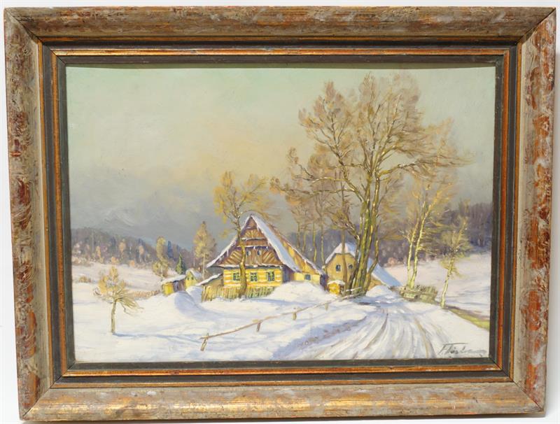 Zasněžené roubenky v horách - Ferdinand TÁSLER olejomalba