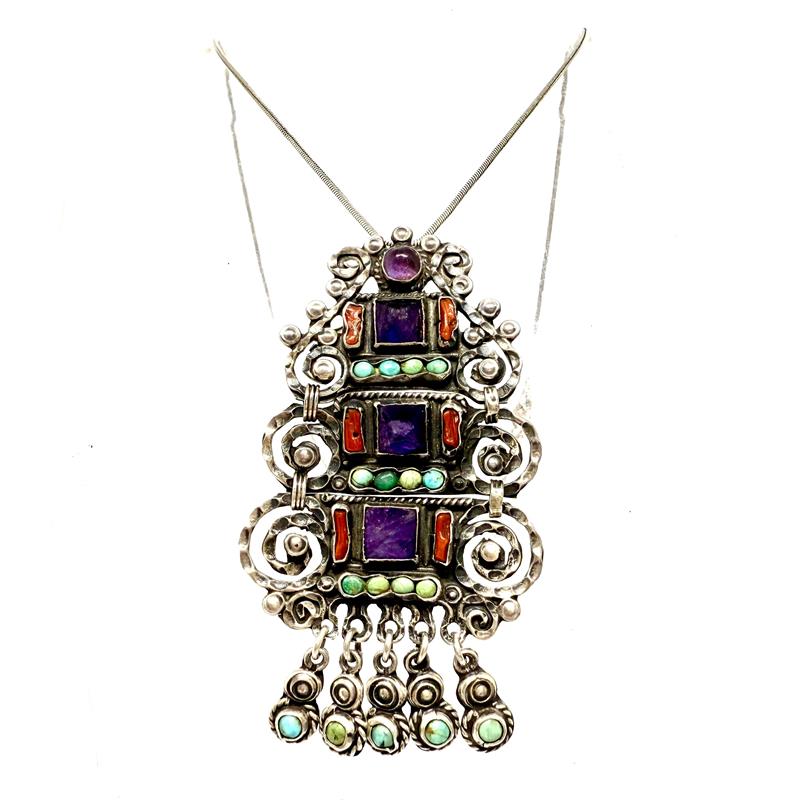 Stříbrná brož / závěs s drahými kameny - Mexiko