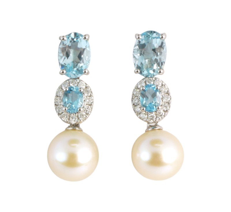 Zlaté náušnice s perlami, topazy a diamanty