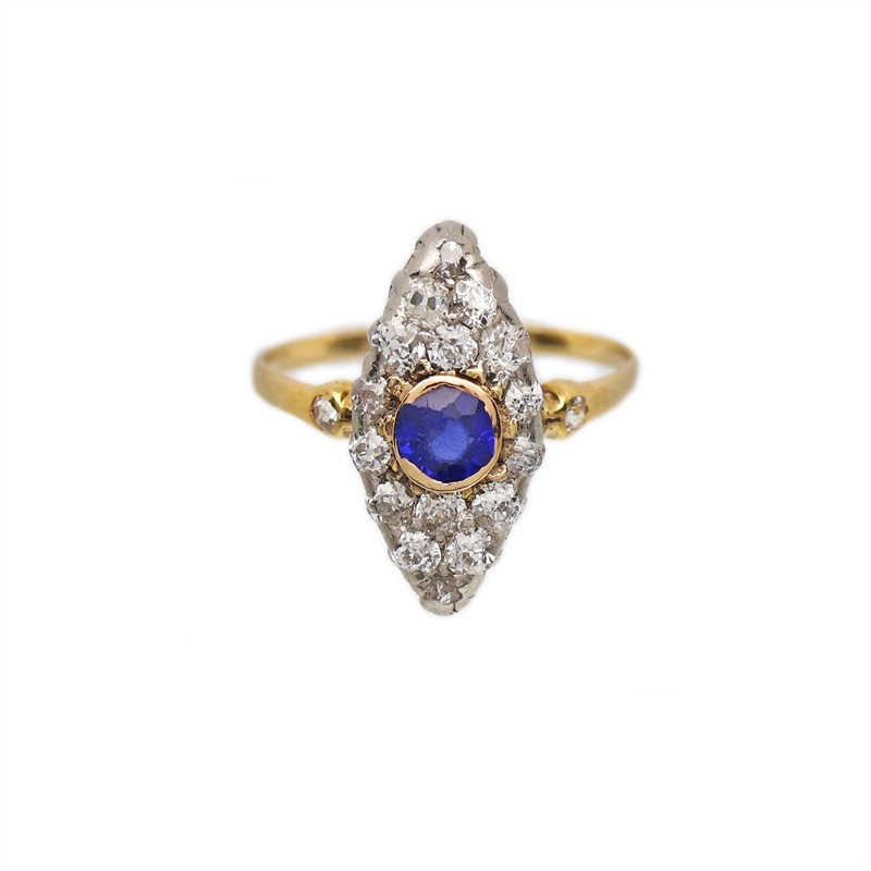 Art deco zlatý prsten s diamanty 0,50 ct a safírem