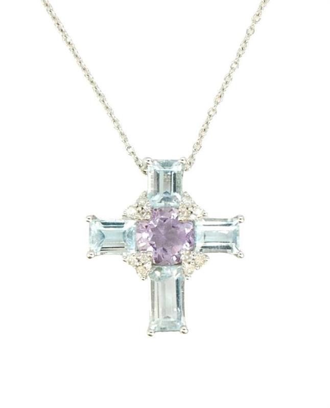 Zlatý náhrdelník s diamanty, topazy a ametystem - křížek