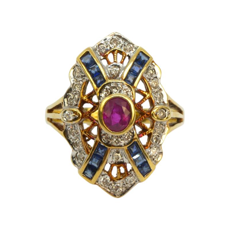 Zlatý prsten s brilianty, safíry a rubínem
