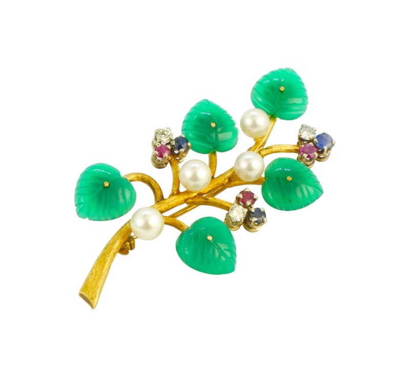 Zlatá brož větvička s perlami, rubíny, safíry a diamanty