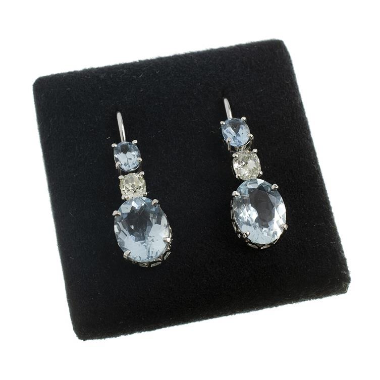 Zlaté náušnice s brilianty a akvamaríny