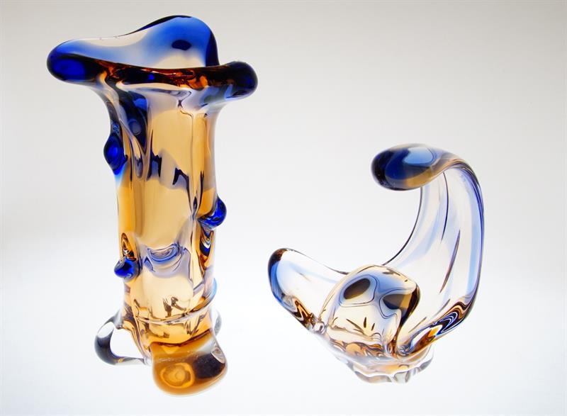 Váza a košík z hutního skla soubor NIAGARA F. ZEMEK Mstišov