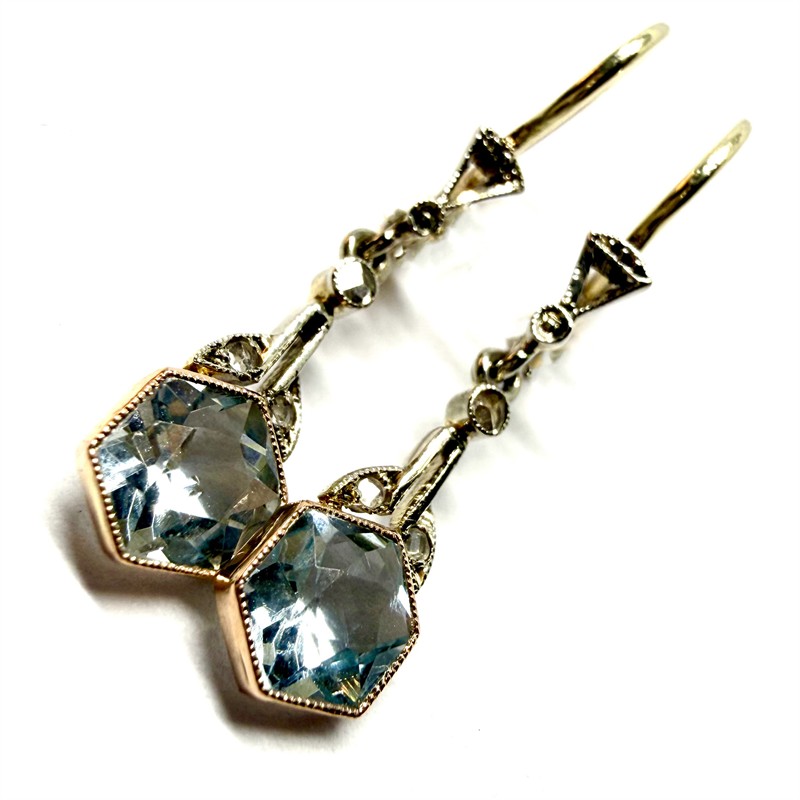 Zlaté závěsné prvorepublikové náušnice s akvamaríny