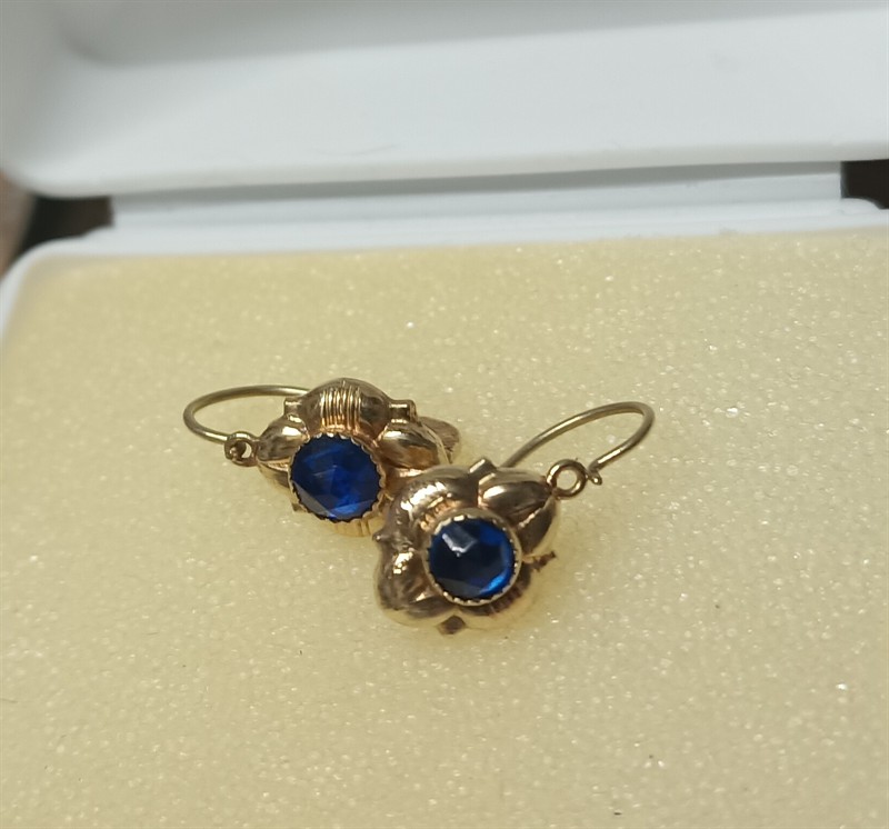 Starožitné dětské náušnice zlato modrý kámen