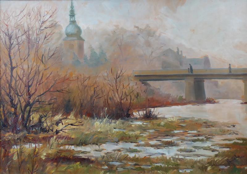 Most s postavami, vysychající řekou a kostelní věží